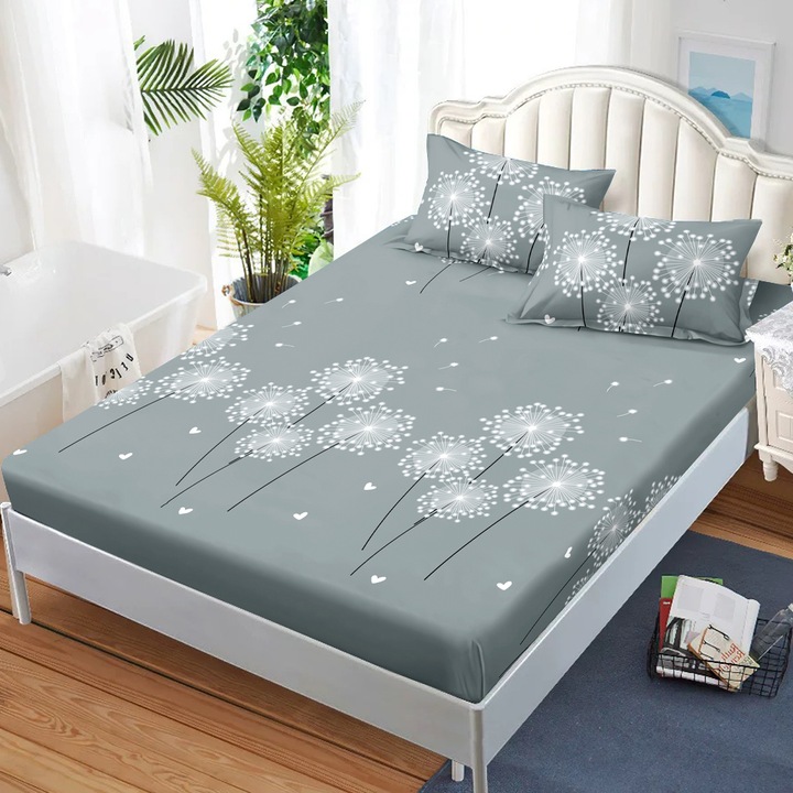 Set husa de pat dublu cu elastic si 2 fete de perna, finet, SEP-L414, imprimeu, 160 x 200 cm