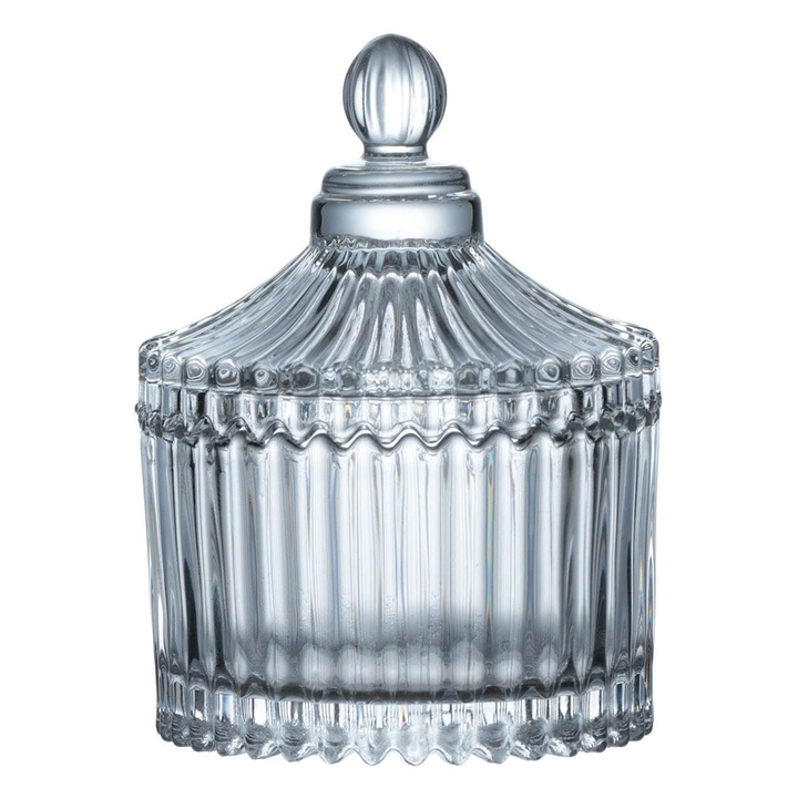 Bomboniera Sticla Transparente, Model Dungi In Relief, Capac Cu Maner, Capacitate 100ml, Diametru 6.5cm, Inaltime 10cm