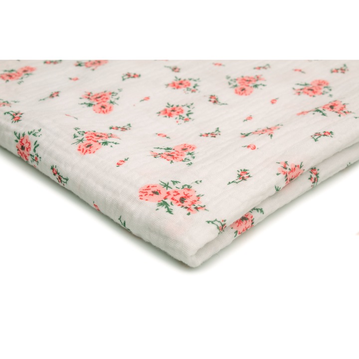 Tesatura muselina imprimate, model: Flori roz, 100% bumbac, 50cm x 130cm