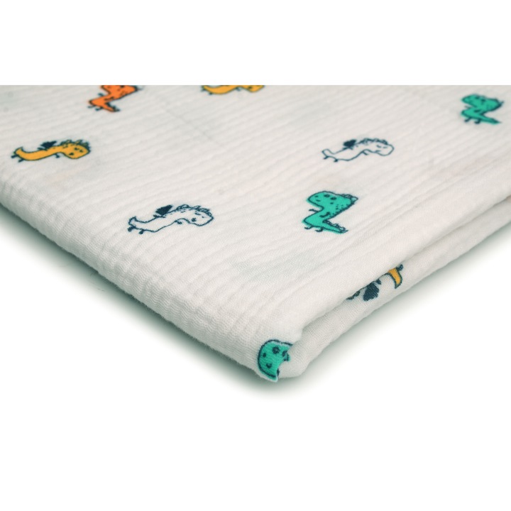 Tesatura de muselina imprimata, model: dinozauri colorati, 100% bumbac, 50cm x 130cm