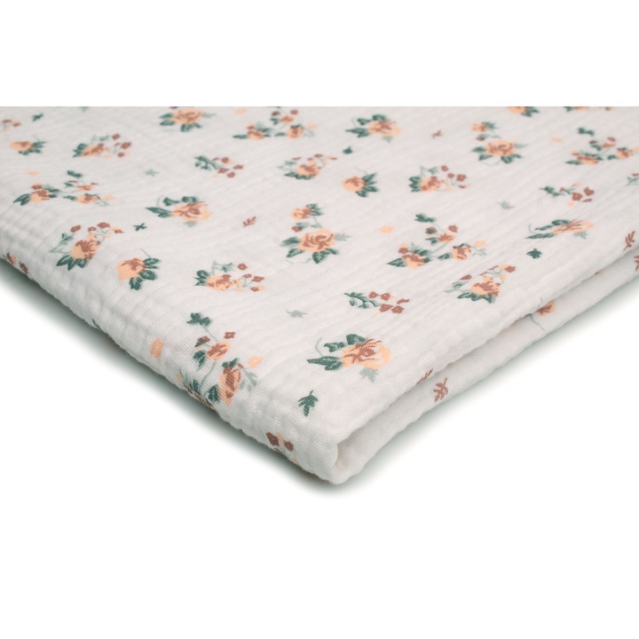 Tesatura de muselina imprimata, model: flori bej, 100% bumbac, 50cm x 130cm