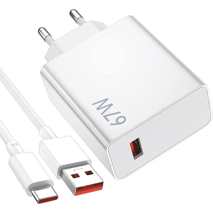 Кабелно зарядно устройство Bedee Type-C за Xiaomi 13 Lite 12 12S Ultra 12X 11T/Redmi Note 12 Pro 11 Pro, 67W, бяло, 5.3x9.4x2.5cm