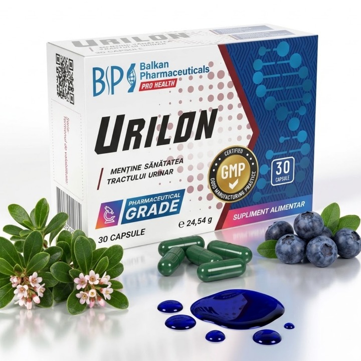 Supliment tract urinar Urilon Balkan Pharmaceuticals, 30 capsule, Strugurii ursului, Afin, Albastru de metilen, Sustine sanatatea vezicii urinare si rinichilor, Ajuta la eliminarea bacteriilor si reducerea disconfortului urinar, 24.54 g