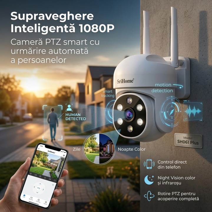 Camera de supraveghere Wireless Sricam SH061 Plus SriHome, Exterior/Interior, Smart, IP WiFi 2.4Ghz, Rotativa, Conectare Telefon / PC, Night Vision Color si Infrarosu, Alarma, Auto Tracking, Rezistenta la Apa, Alb