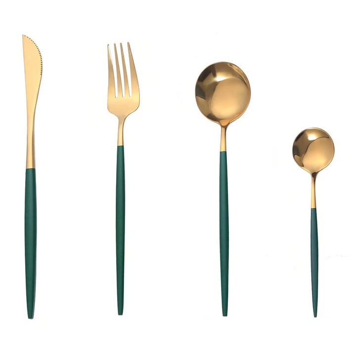 Set de tacamuri 24 de piese, verde si auriu mat, 18, 7-23 cm