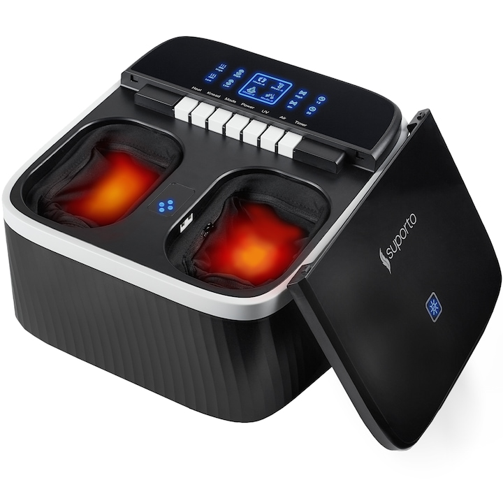 Aparat Masaj Picioare si Talpi Suporto pentru Relaxare, Functii de Reflexoterapie, Role Masat si Incalzit Talpa, Perne Compresie, Sterilizare UV, Activare Puncte de Presiune Reflexogene, Circulatie Imbunatatita, Presoterapie, 4 Programe, Negru