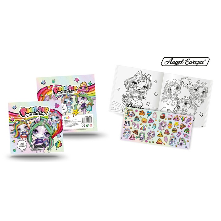 Carte de colorat, cartonata, de decorat, 12 pagini + 2 cu Abtibilduri, 20 cm x 20 cm, POOPSIE, multicolor, Volumul I