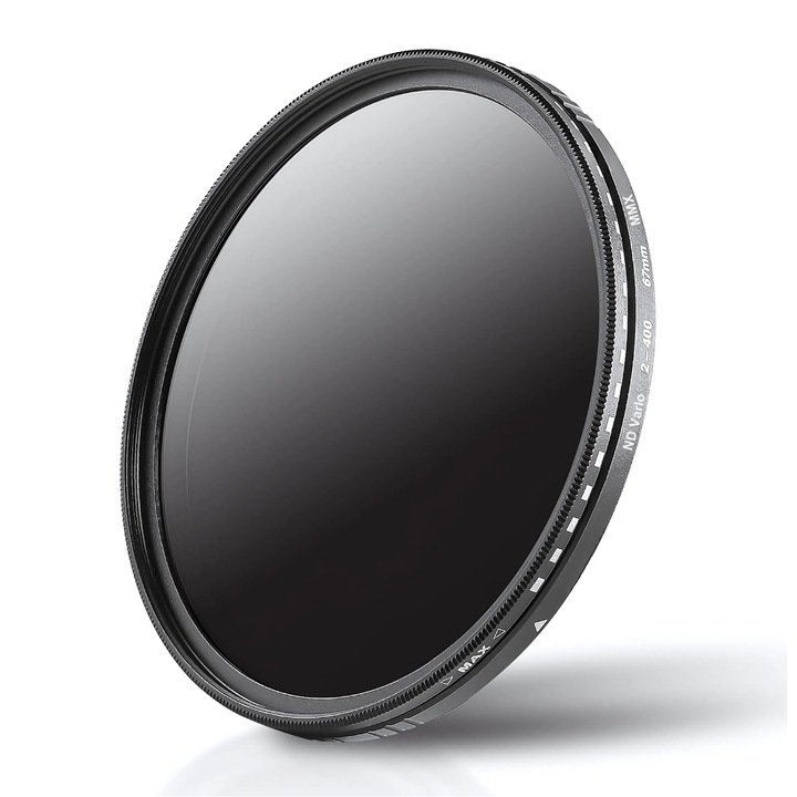 Filtru ND Variabil 67mm, Fader Neutral Density ND2-ND400, Ultra Slim, Ajustabil 1-9 Stops, Sticla Optica cu 18 Straturi, Rezistent la Apa si Zgarieturi, Ideal pentru Canon EOS R, 90D, 80D si Alte Obiective cu Filet de 67mm dar si pentru telefoane