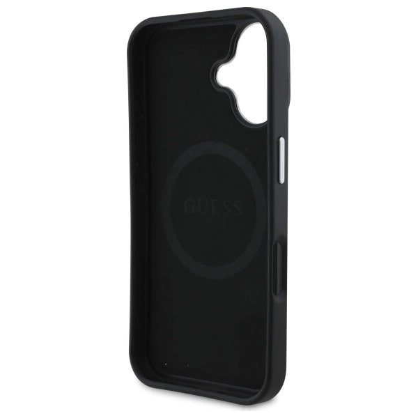 Husa Guess compatibila cu iPhone 16, Grained Triangle MagSafe, Negru