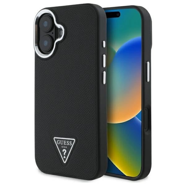 Husa Guess compatibila cu iPhone 16, Grained Triangle MagSafe, Negru