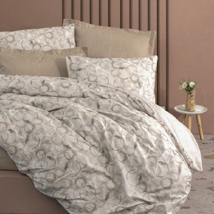 Lenjerie de pat pentru 2 persoane, Cottonbox, Cu elastic 160x200, Moil, Bej, Bumbac 100%, 4 piese