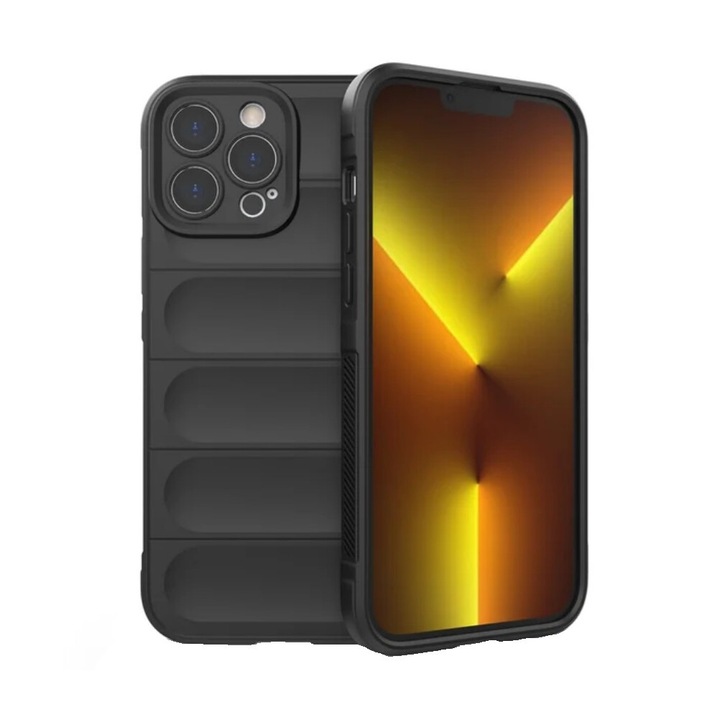 Husa protectie Wave style, compatibila cu iPhone 14 Pro, antisoc, silicon Negru, interior din microfibra, anti-alunecare, protectie camera, protectie ecran, ISAG