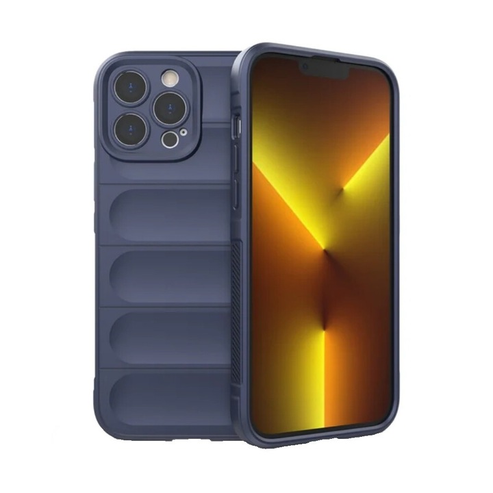 Husa protectie Wave style, compatibila cu iPhone 14 Pro, antisoc, silicon Bleumarin, interior din microfibra, anti-alunecare, protectie camera, protectie ecran, ISAG