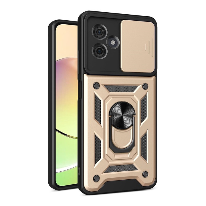 Páncél ütésálló tok, kompatibilis a Motorola Moto g84-el, szilikon és műanyag, mágnes mellékelve, tartógyűrű, filmállvány, Camera Slide, ISAG, Gold