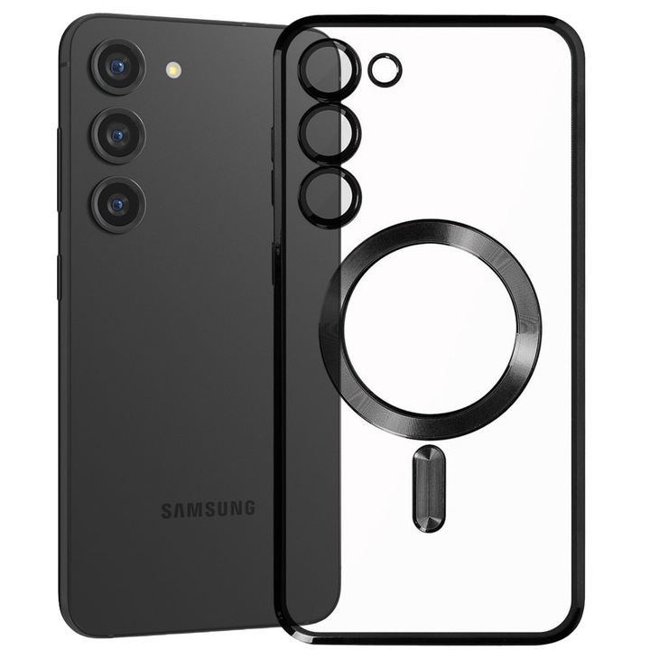 Husa tip MagSafe pentru Samsung Galaxy S23, Glamour MagCase, Protectie lentile camere, Rama electroplacata, Accente metalizate, Margini ridicate, Incarcare wireless, Magnetica, Negru