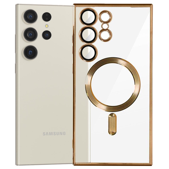 Husa tip MagSafe pentru Samsung Galaxy S23 Ultra, Glamour MagCase, Protectie lentile camere, Rama electroplacata, Accente metalizate, Margini ridicate, Incarcare wireless, Magnetica, Auriu