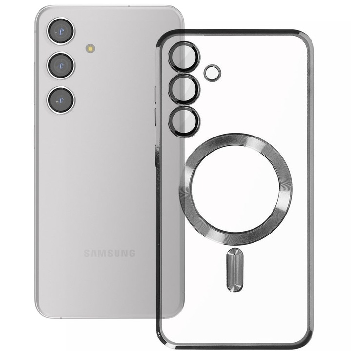 Husa tip MagSafe pentru Samsung Galaxy S24, Glamour MagCase, Protectie lentile camere, Rama electroplacata, Accente metalizate, Margini ridicate, Incarcare wireless, Magnetica, Argintiu