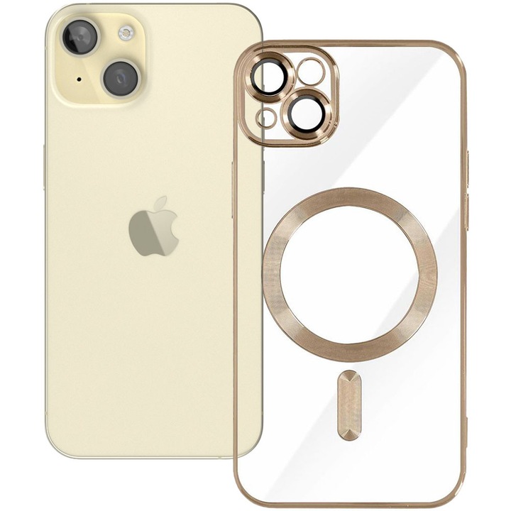 Husa tip MagSafe pentru Apple iPhone 15 Plus, Glamour MagCase, Protectie lentile camere, Rama electroplacata, Accente metalizate, Margini ridicate, Incarcare wireless, Magnetica, Auriu