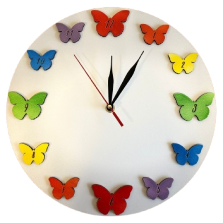Ceas Grupa Fluturasi, gradinita si scoala, lemn multicolor, 30 cm