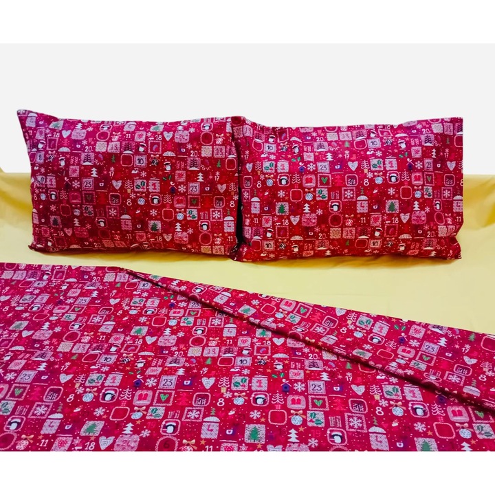 Lenjerie de pat, 4 piese, bumbac ranforce cu motive de Craciun, cearceaf de pat 240x260 cm, cearceaf cu model pilota 200x220 cm, fata de perna 2x 50x70 cm