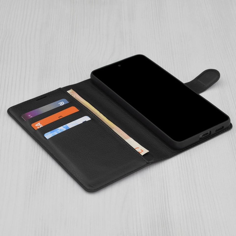 Husa pentru Motorola Moto G86, SKYDDAR INNOVATION, Leather Folio tip Carte, cu Portofel Interior, Finisaje Premium, set cu sticker, Negru
