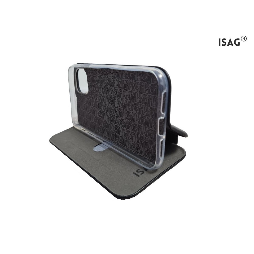 Husa compatibila cu Samsung Galaxy S21 FE din piele ecologica, negru, flip cover tip carte cu suport carduri, stand pentru video, ISAG®