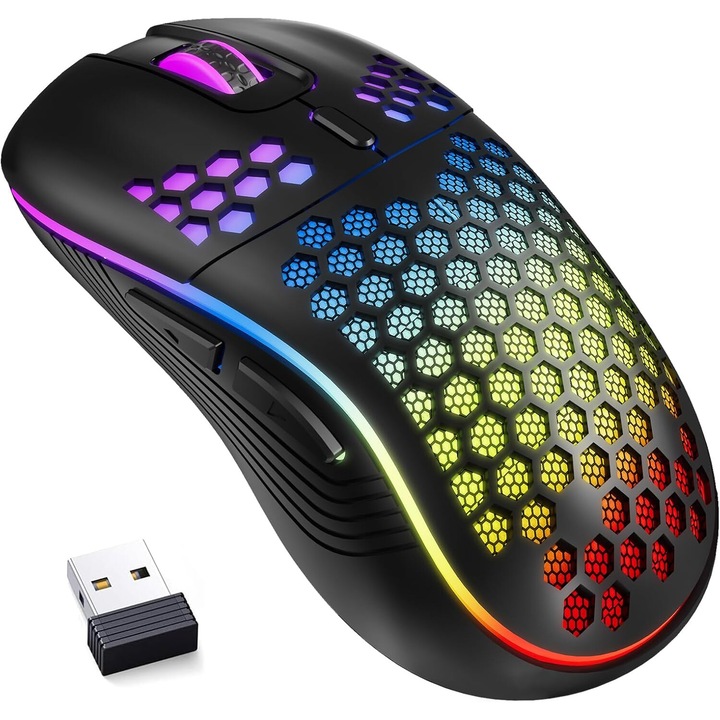 Vezeték nélküli gamer egér, újratölthető, 2,4 GHz, állítható 800/1200/1600 DPI, némítás, USB vevő, RGB világítás, hordozható, fekete