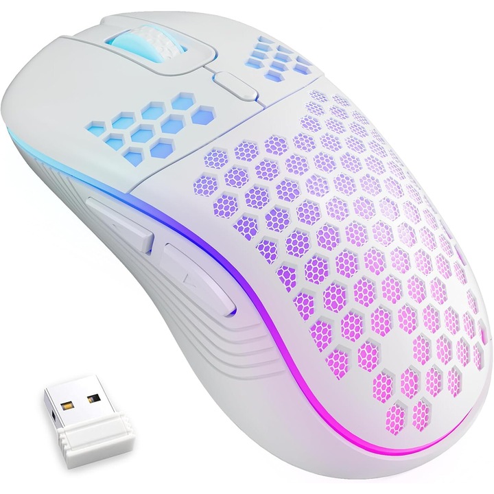 Vezeték nélküli Gamer egér, újratölthető, 2,4 GHz, állítható 800/1200/1600 DPI, némítás, USB vevő, RGB világítás, hordozható, fehér