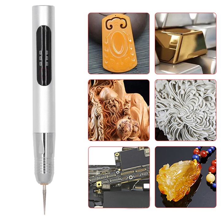 Jormftte mini elektromos gravírozó toll, 10W, 5V, 3 sebesség, 2.35mm, rozsdamentes acél, beépített akkumulátorral