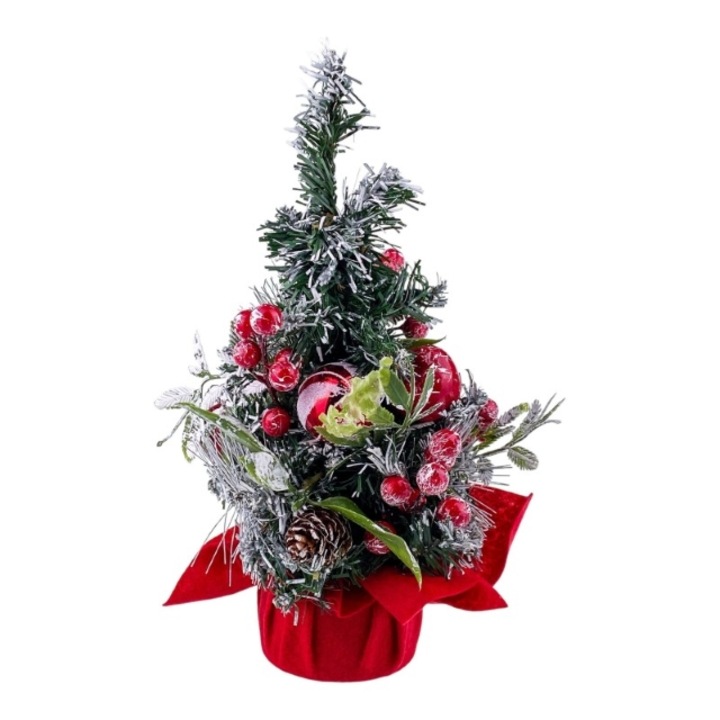 Brad din plastic decorat cu globuri si conuri de brad 15x30 cm