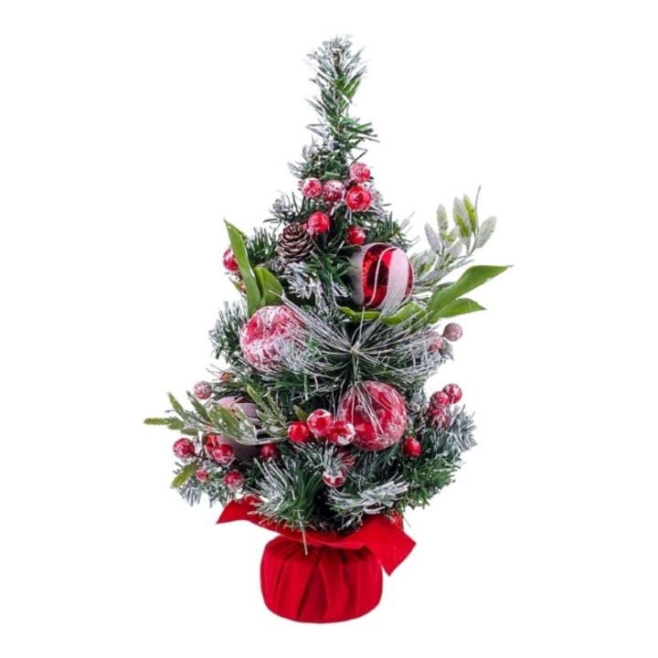 Brad din plastic decorat cu globuri si conuri de brad, 20x40 cm