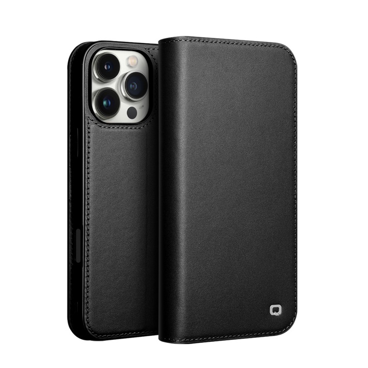 Husa pentru iPhone 16 Pro Max, Qialino Business Classic, din piele naturala, tip carte, cu buzunare carduri, stand, rama moale TPU, culoare Negru