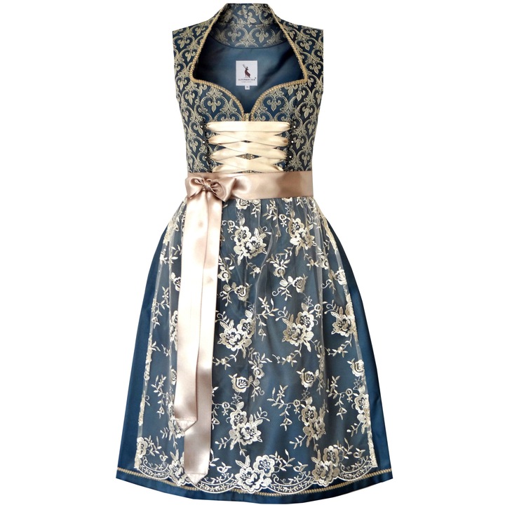 Costum bavarez Oktoberfest pentru femei, Alpenmärchen, Belle, dirndl, marime 38, Albastru inchis si bej