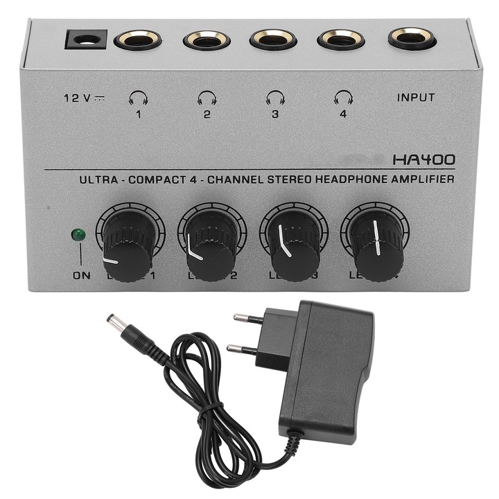 Amplificator pentru casti cu 4 canale, Splitter pentru casti stereo cu adaptor de alimentare, Conexiune UE 100-240VAC, Enforose