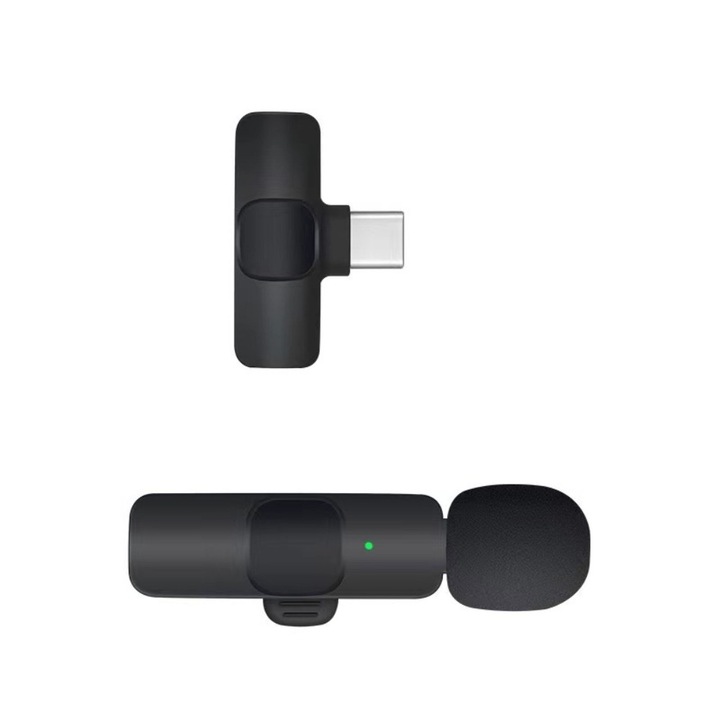 Microfon Wireless Tip Lavaliera SIKS, Interfata USB C, Negru Dinamic, 80mah, 2.4ghz, Plug & Play, Wireless, microfon lavalier, transmisie live pe telefonul mobil, mini microfon, inregistrare unu-la-doi si radio, microfon cu anulare a zgomotului