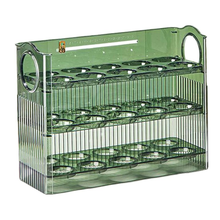 Suport organizator oua pentru frigider, Axroad Mall, Depozitare 30 bucati, Design flip cu 3 straturi, Urmarirea timpului de stocare, Economisiti spatiu, Siguranta si protectia mediului, Usor de curatat, 26x10x20cm, Verde