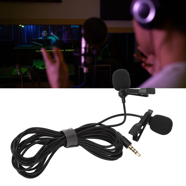 Longziming kétfejes csíptetős mikrofon, fekete, kompakt, 3,5 mm-es