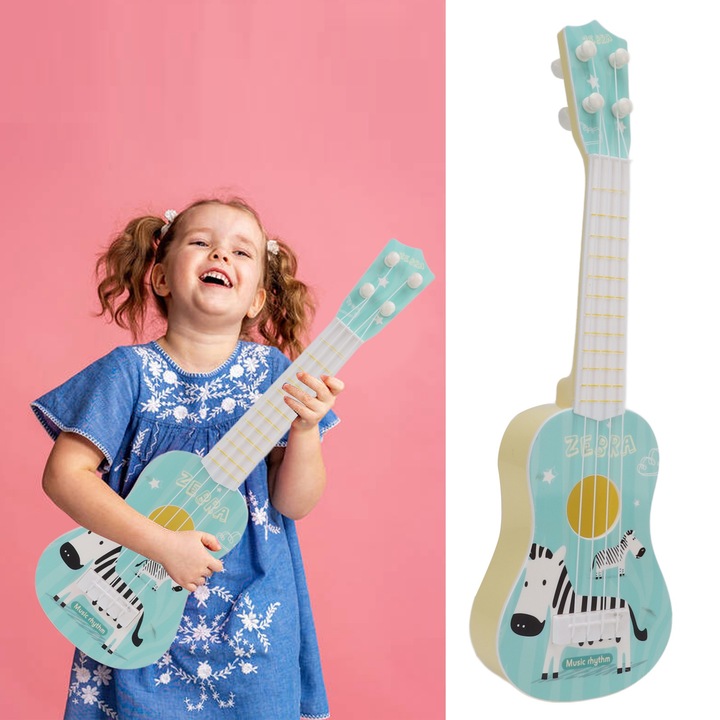 Játék ukulele, longziming, műanyag, 4 húros, gyerekeknek, 3-8 éves korig, kék