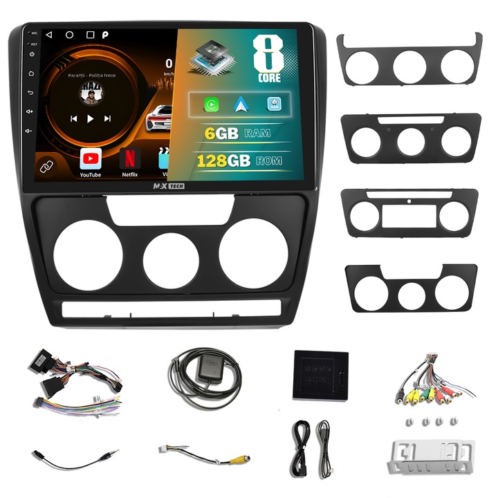 Navigáció Skoda Octavia 2 (2004 - 2014) dedikált Android, MaxTech, Android 13, 10 hüvelykes IPS képernyő, 6 GB Ram 128 GB Rom funkciók GPS, Carplay, WIFI, RDS, DSP, Google Play, Bluetooth, Waze