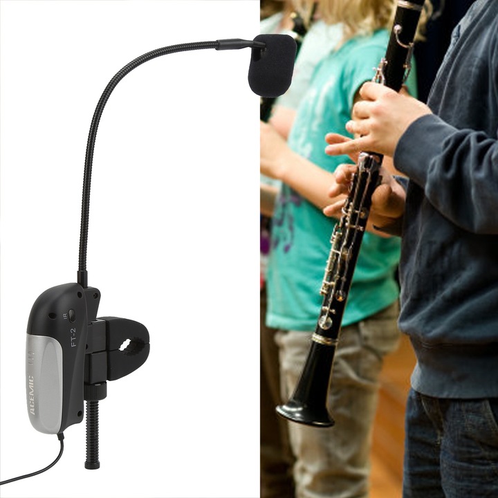 Kondenzátormikrofon flexibilis szárral, hosszú hangolású, klarinéthoz és fuvolához, fekete, érzékenység -47dB, AA elemmel működik