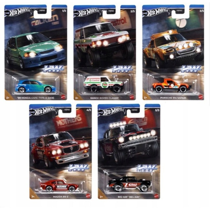 Комплект от 5 колички Hot Wheels, колекция Speed Graphics 2024, Honda, Range Rover, Porsche, Mazda, Big Air, 1:64, многоцветни
