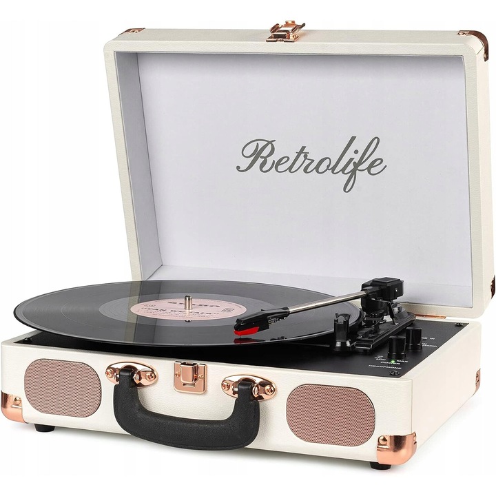 Luka lemezjátszó, 33/45/78 RPM, Bluetooth, RCA, Aux, fekete, bőrönddel