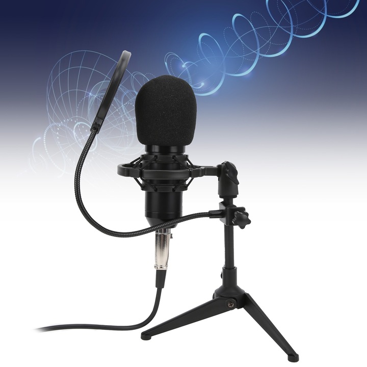 Jormftte kondenzátormikrofon állítható állvánnyal, fekete, 3,5 mm-es csatlakozóval