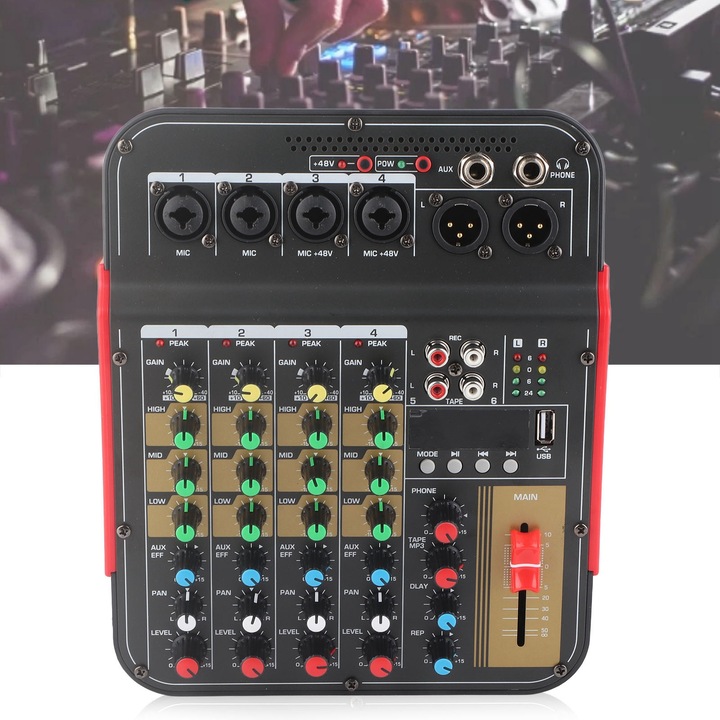 Jormftte professzionális audio keverő, 4 csatornás, MP3 hangerőszabályzó, fém, fekete, AC100-240V tápegység