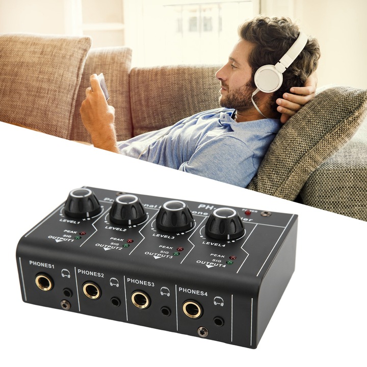 Fejhallgató erősítő elosztó 4 csatornás sztereó kimenet RCA bemenet mini kapcsoló EU csatlakozás 220VAC