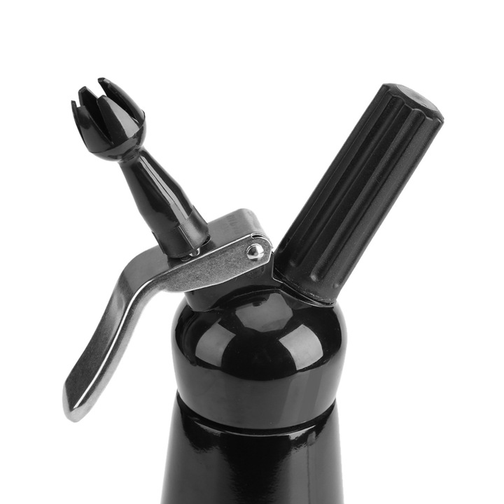 Черен алуминиев дозатор за бита сметана, 500 мл, с 3 накрайника, за торти и напитки