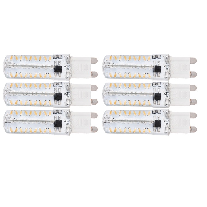 6 darabos G9-es izzókészlet, 72 LED, 5W, 220V, szilikon és kerámia, méretek 6,2x1,7 cm, meleg fény