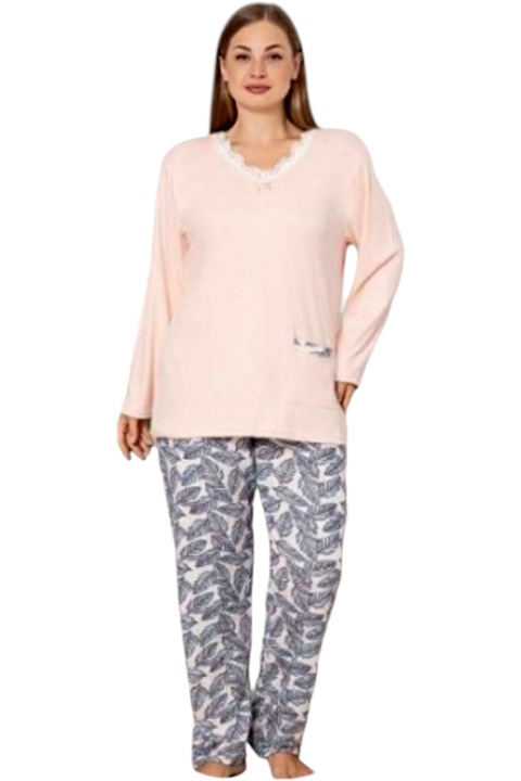 Pijama bumbac interlock, StarFashion, bluza cu maneca lunga si pantaloni lungi, roz piersica, 2XL
