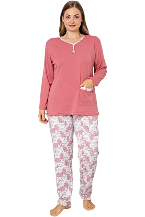 Pijama bumbac interlock, StarFashion, bluza cu maneca lunga si pantaloni lungi, roz inchis, 2XL