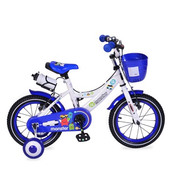 Bicicleta pentru baieti cu roti ajutatoare si cosulet 14 inch Little Monster Blue Bicicleta pentru baieti cu roti ajutatoare si cosulet 14 inch Little Monster Blue